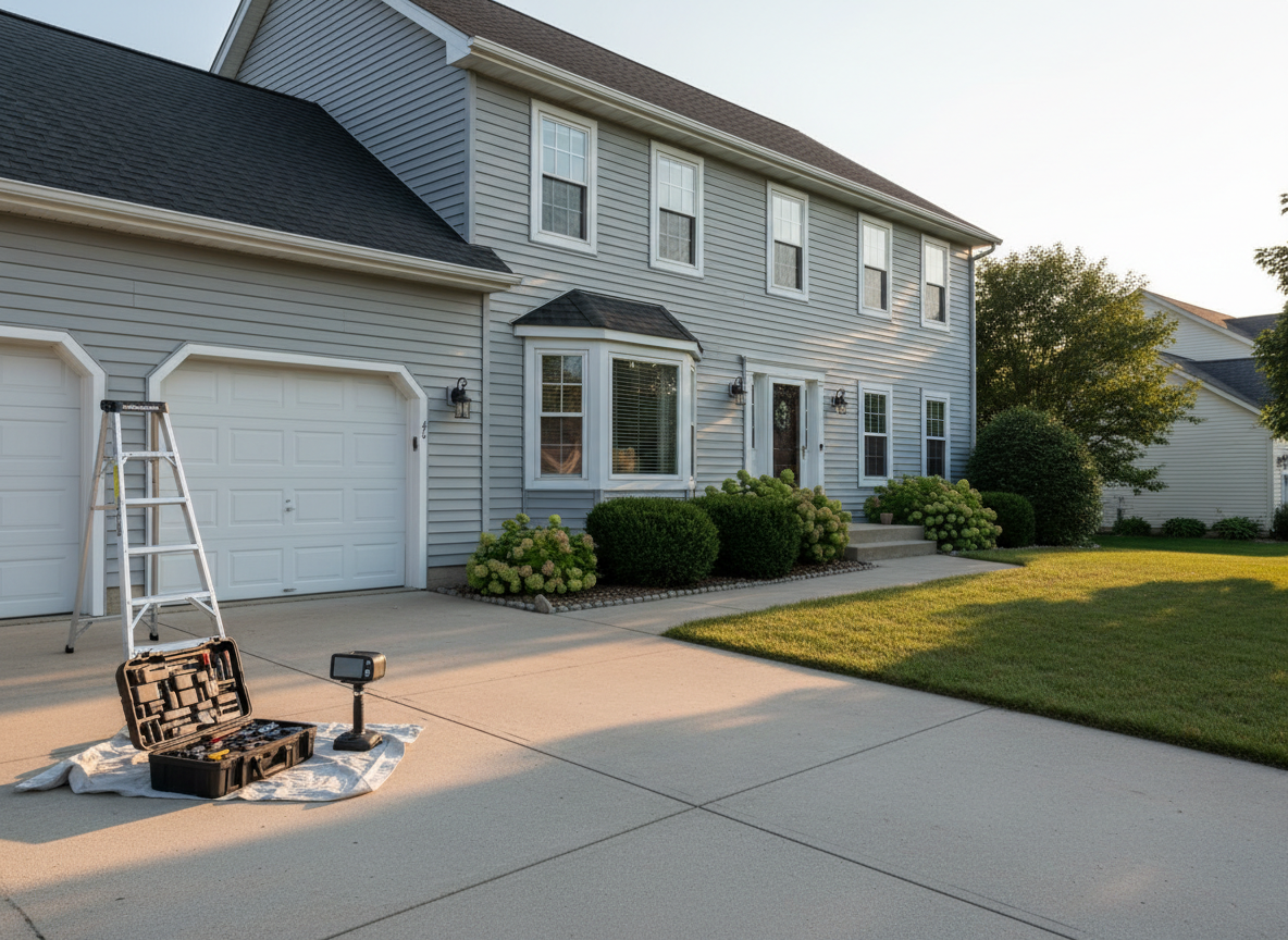 A meticulously maintained two-story suburban Michigan home with vinyl siding in soft gray and a dark shingled roof, framed by neatly trimmed shrubs and a clean concrete driveway. In the foreground, a sturdy aluminum ladder, open toolbox, and a high-end digital inspection camera rest beside the front steps, symbolizing an active property inspection in progress. Late afternoon natural light casts clear, crisp shadows, highlighting the home’s siding, windows, and roofline in photographic realism. Shot at eye level with a slight three-quarter angle, the composition uses the rule of thirds, keeping the house dominant while tools subtly anchor the foreground. The mood is professional, trustworthy, and thorough, with a clean, modern aesthetic suitable for a real estate inspection company homepage.
